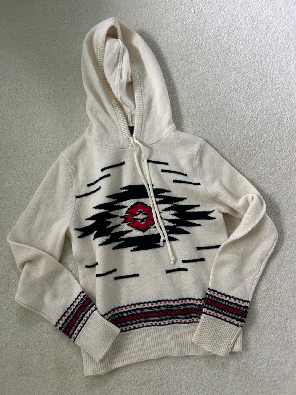 Polo by Ralph Lauren Cream Hooded Knit Sweater with Black & Red Pattern